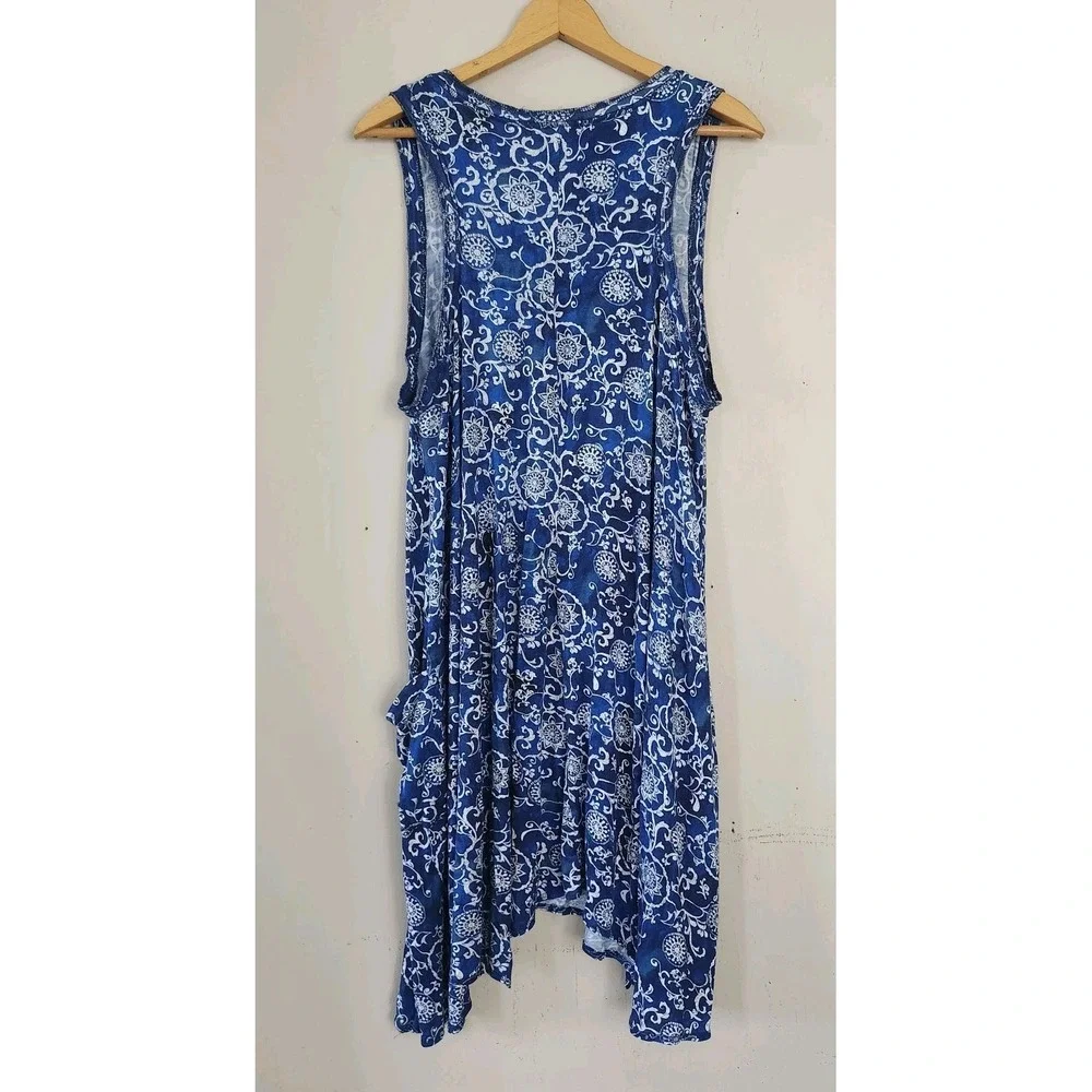 Rene Rofe Womens 1X Sleeveless Blue White Vine Floral Print Nightgown Pockets - Picture 3 of 5